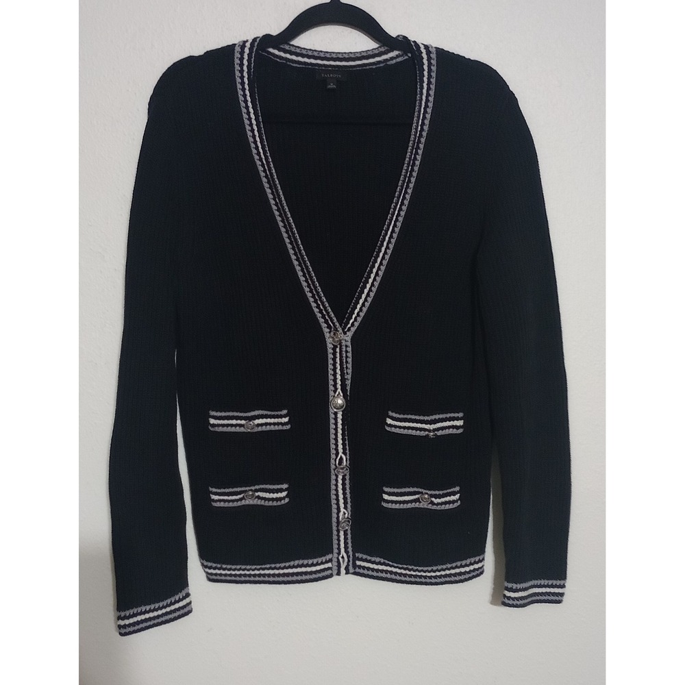 Talbots Women Black Cotton Shaker Stitch Cardigan Striped Trim V-Neck Size M
